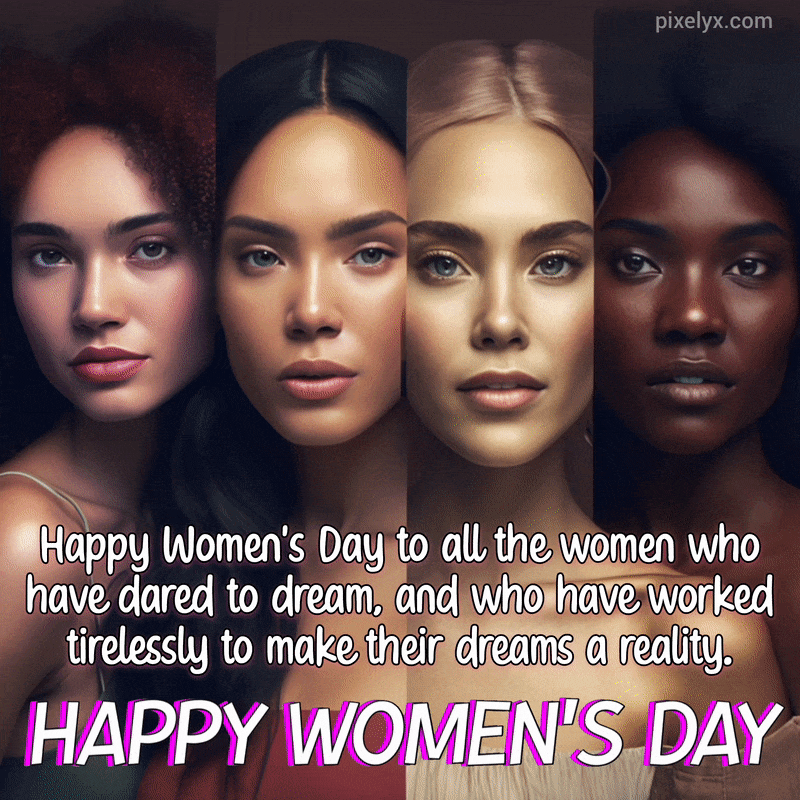 Happy International Women's Day GIF, International Women's Day wishes and four beautiful women of different ethnicity
