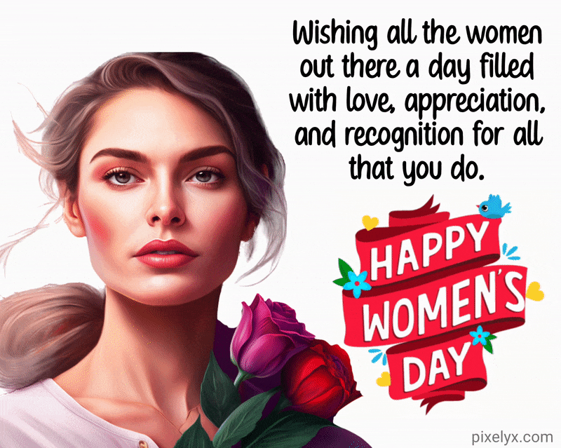 Happy International Women's Day GIF, International Women's Day wishes and a beautiful white woman with flowers