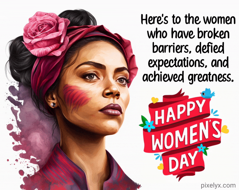 Happy International Women's Day GIF, International Women's Day wishes and a beautiful brown woman with rose on head