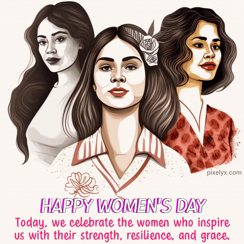 Happy International Women's Day GIF, vector illustration of International Women's Day wishes and three beautiful women of different ethnicity
