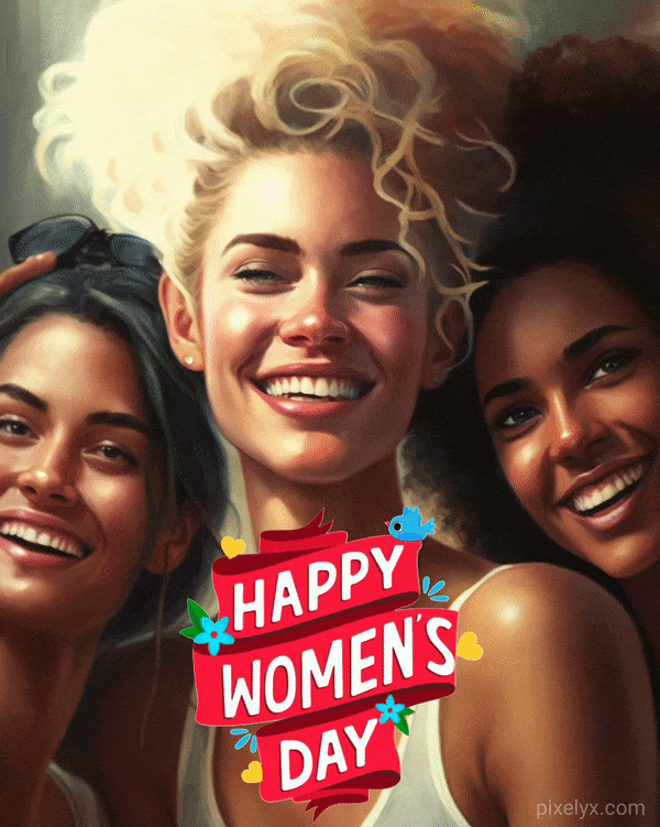 Three beautiful women with different ethnicity loughing togather, animated Happy Women's Day GIF text
