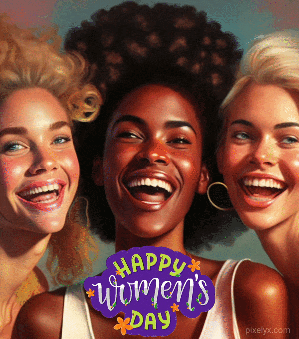 Three beautiful women with different ethnicity loughing togather, animated Happy Women's Day GIF text