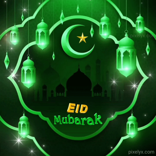 Animated Eid Mubarak GIF with Islamic structures and glitters