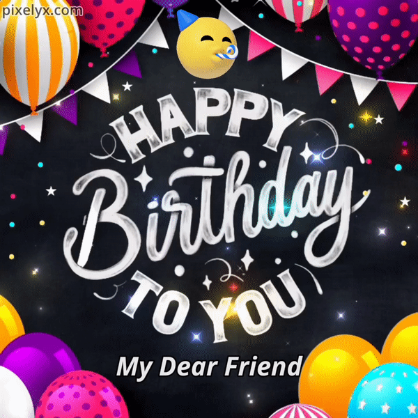 Free Happy Birthday Friend GIF with golden confetti, balloons and birthday wishes text
