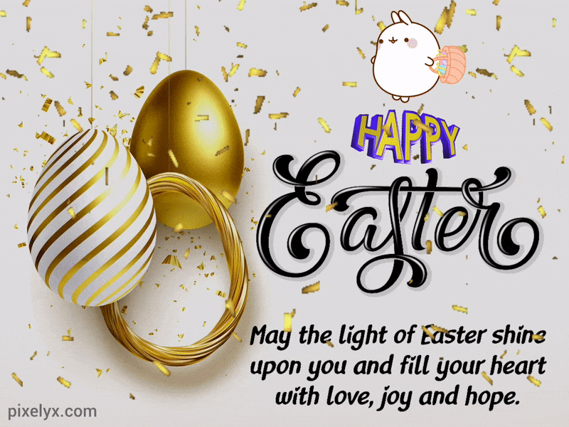 Animated Cute Happy Easter GIF with Golden Eggs, bunny, golden confetti, Easter wishes