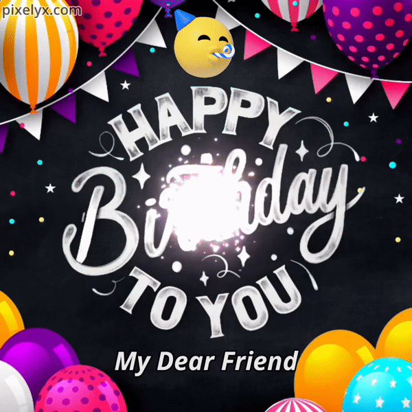 Free Animated Happy Birthday Friend GIF with balloons, firework and birthday wishes text