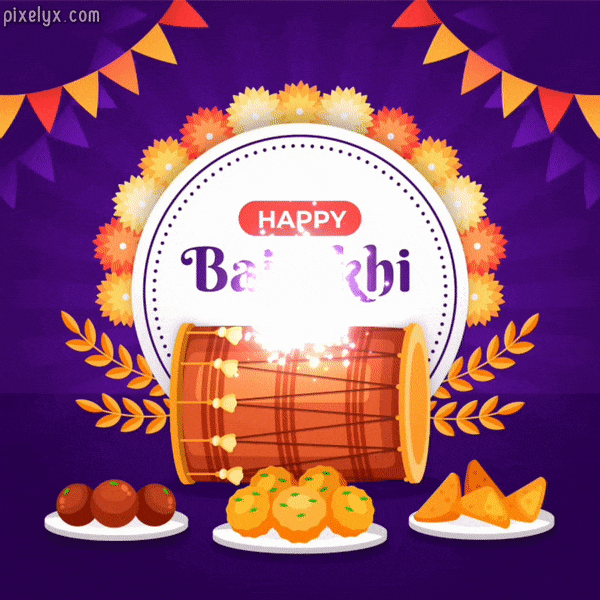 Happy Baisakhi Wishes GIF with sweets, Punjabi drums, wheat plants