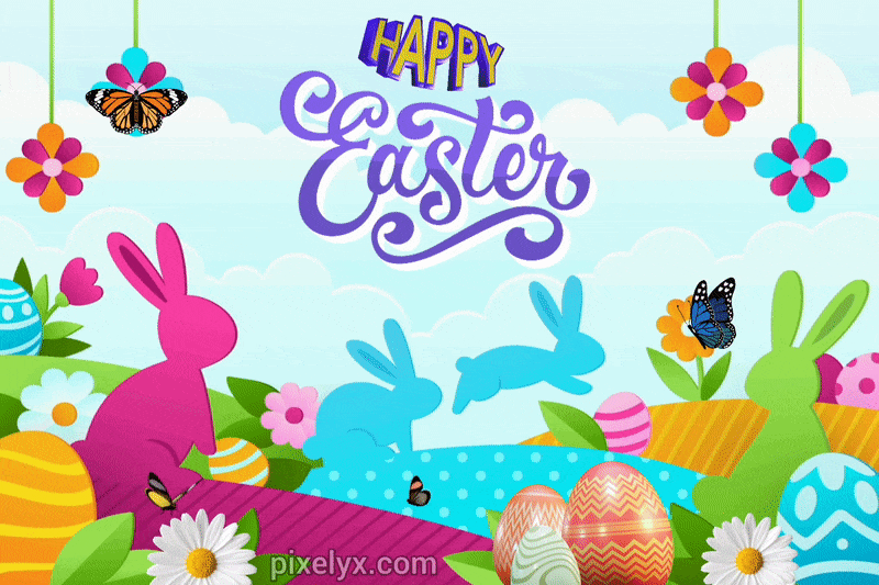 Animated Happy Easter 2024 GIF Images of colourful painted eggs, bunnies, flowers, butterflies