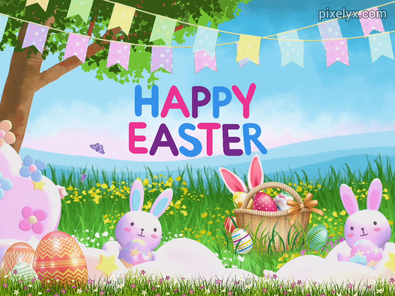 Happy Easter Animated GIF with cute bunnies, curated eggs, flowers, butterflies