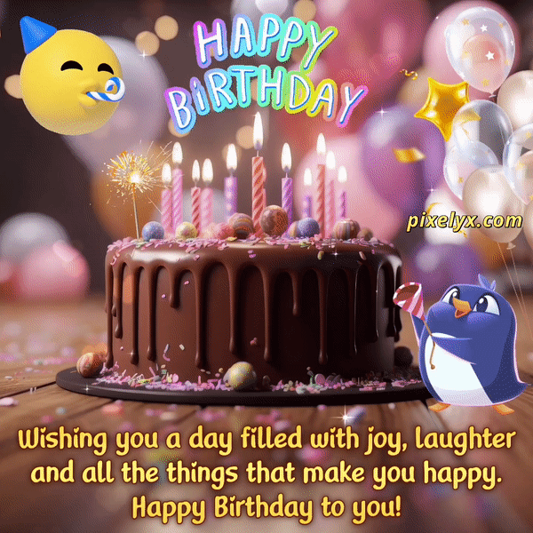 Animated Happy Birthday GIF with chocolate cake, balloons, confetti, sparkler, emoji and birthday wishes text