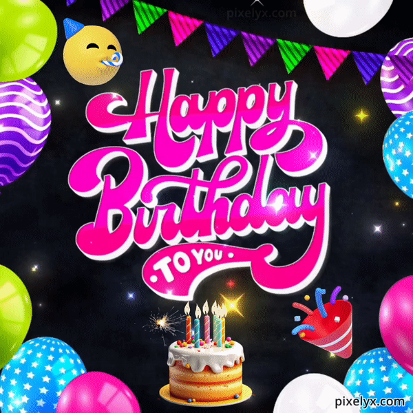 Colourful Animated Happy Birthday Images with balloons, birthday cake, sparkles and birthday wishes text