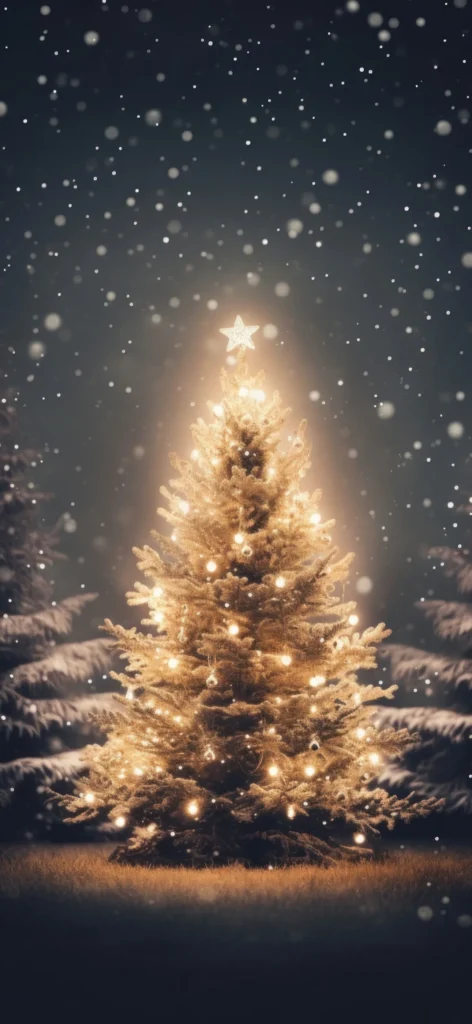 Aesthetic Christmas wallpaper for iPhone, dreamy Christmas tree in a dreamy pine tree jungle at night