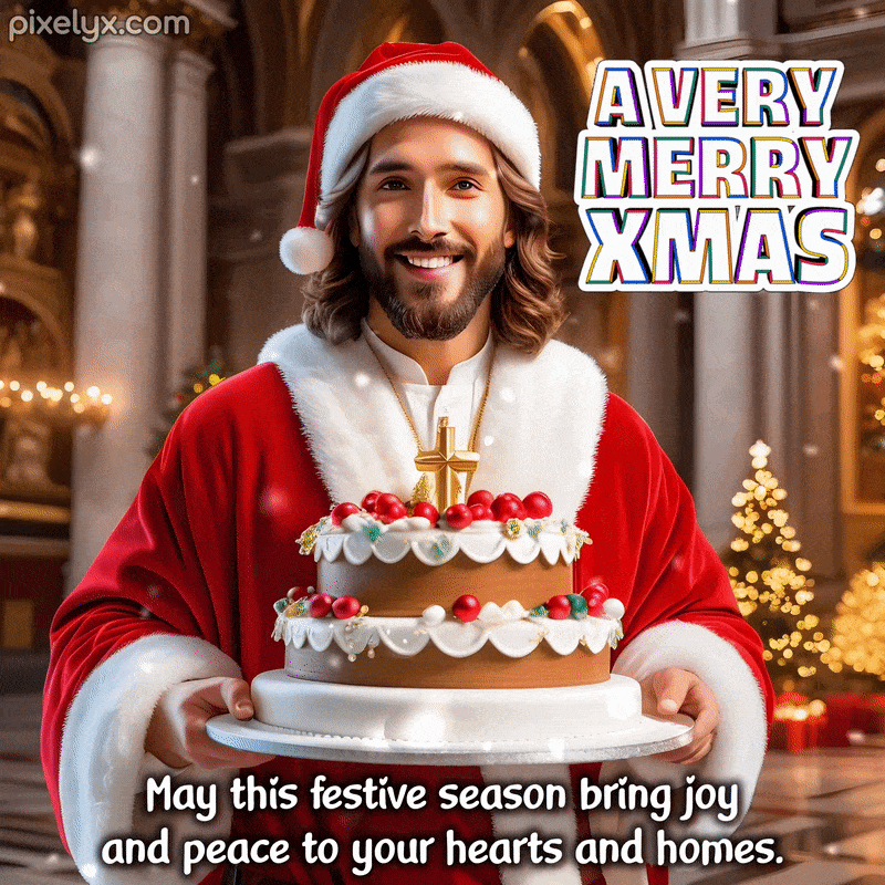 Animated Merry Christmas Wishes GIF featuring Jesus Christ holding Christmas cake