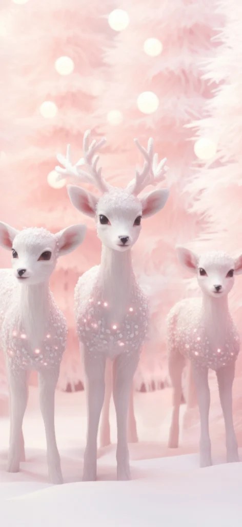 Reindeer cute Christmas wallpaper iPhone, three cute pink reindeer standing in a dreamy winter outdoor